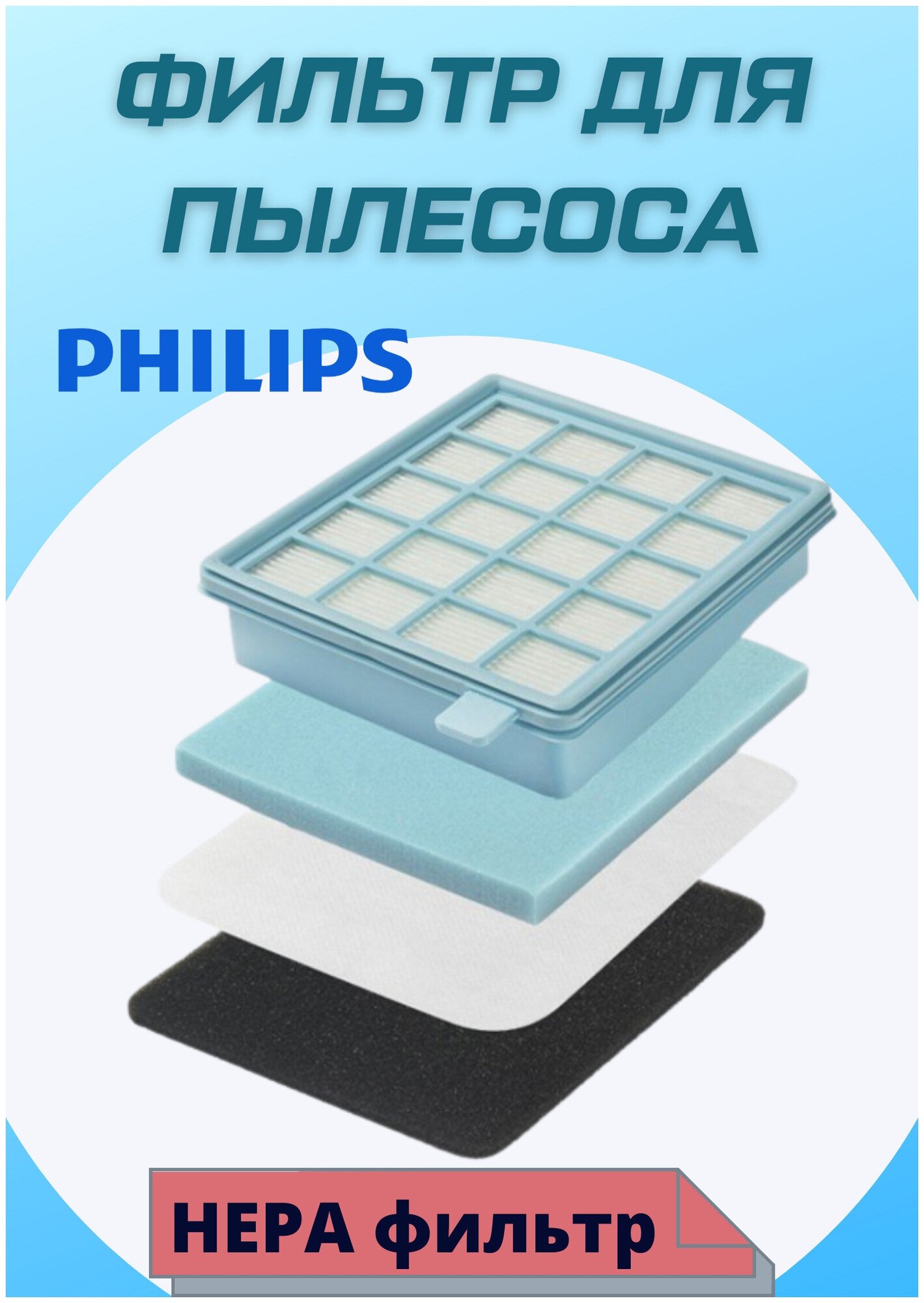 HEPA фильтр для пылесоса Philips (Филипс) 140х100х30 FC8470, FC8477, FC8472 43220093801 - фотография № 1