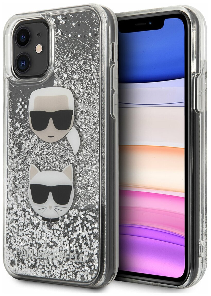 Чехол Lagerfeld для iPhone 11 Liquid glitter Karl and Choupette heads Hard Silver