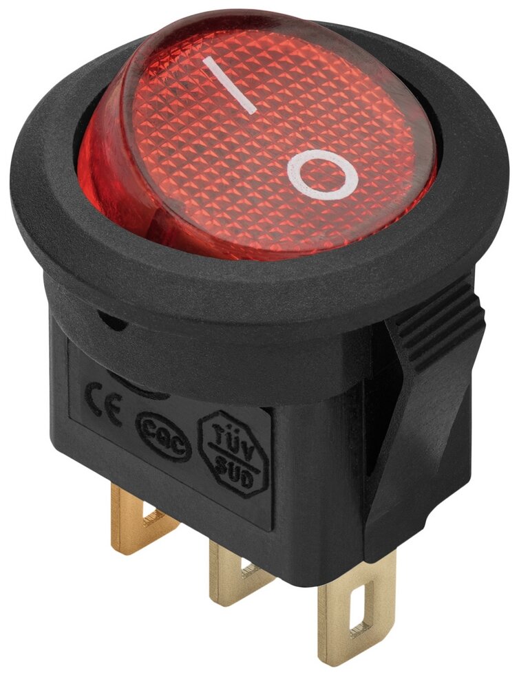 Выключатель клавишный, MICRO, красный с подсветкой вкл-выкл 3 контакта 250В 3А круглый duwi 26849 9 - фотография № 1