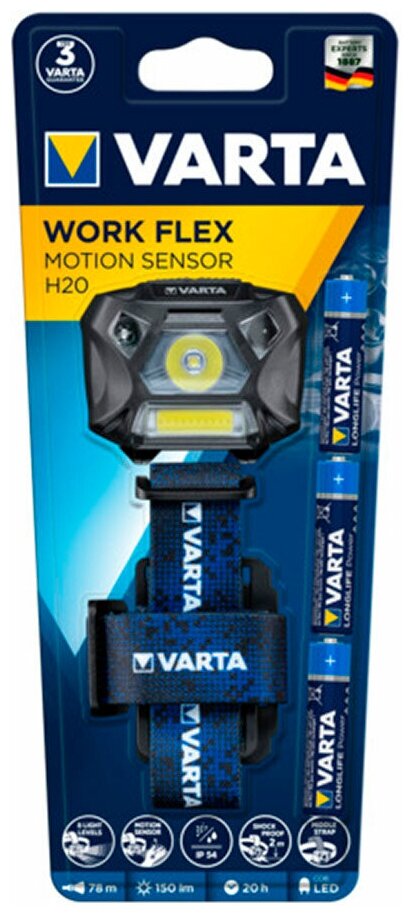 Фонарь налобный VARTA Work Flex Motion Sensor H20 с 3AAA батарейками в комплекте, сенсорный, 4008496996070