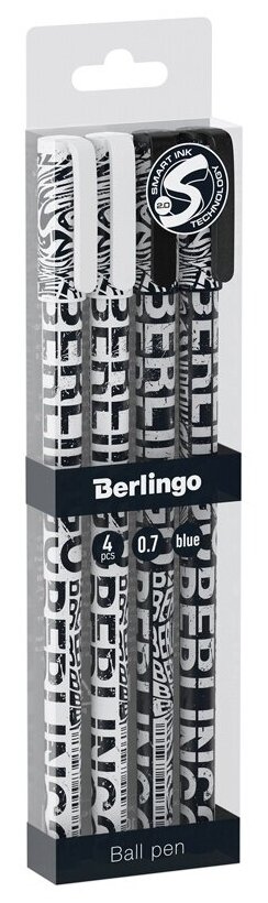 Ручка шариковая Berlingo Monochrome синяя, 0,7 мм, рисунок на корпусе, 4 шт, PET-бокс с ЕП