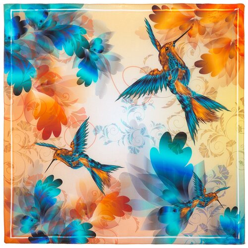 Платок Павловопосадская платочная мануфактура, 65х65 см, оранжевый, голубой