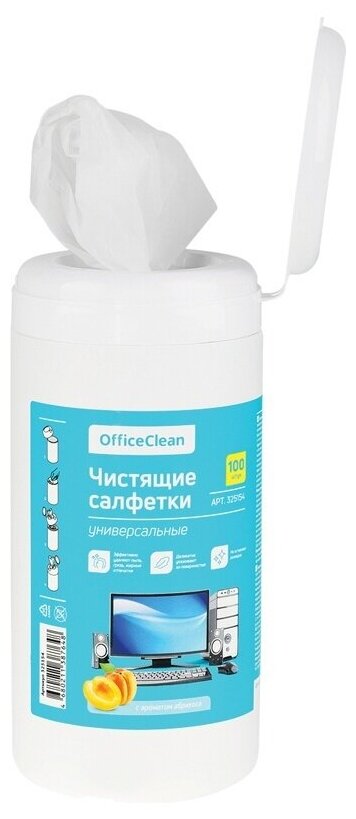 Салфетки чистящие влажные OfficeClean, универсальные, в тубе, с ароматом абрикоса, 100шт.