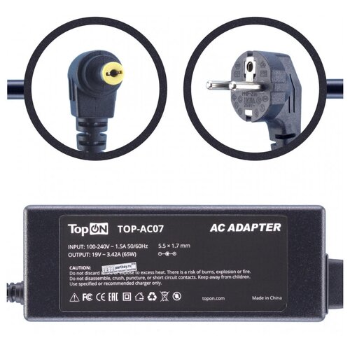 A065R0473 Блок питания для ноутбука Acer 19V 3.42A 5.5x1.7mm 65W TopON блок питания зарядка для ноутбука acer 19v 3 42a 65w штекер 5 5x1 7 мм pn a065r0473