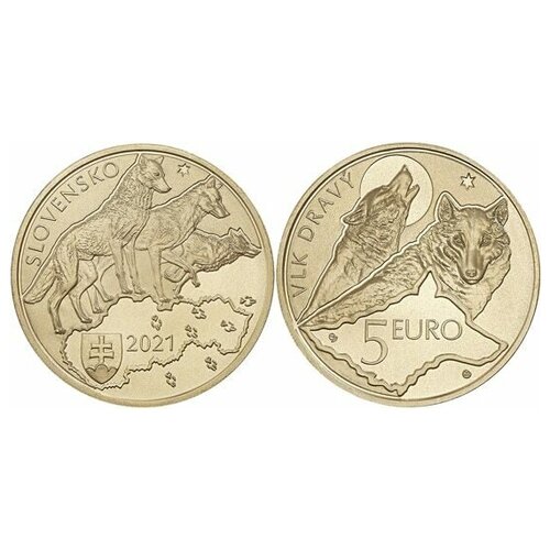 Памятная монета 5 евро в капсуле Волк. Словакия, 2021 г. в. Монета в состоянии UNC (из мешка)