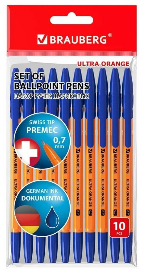 Ручки шариковые BRAUBERG "ULTRA ORANGE", синие, набор 10 штук, корпус оранжевый, узел 0,7 мм, 143571