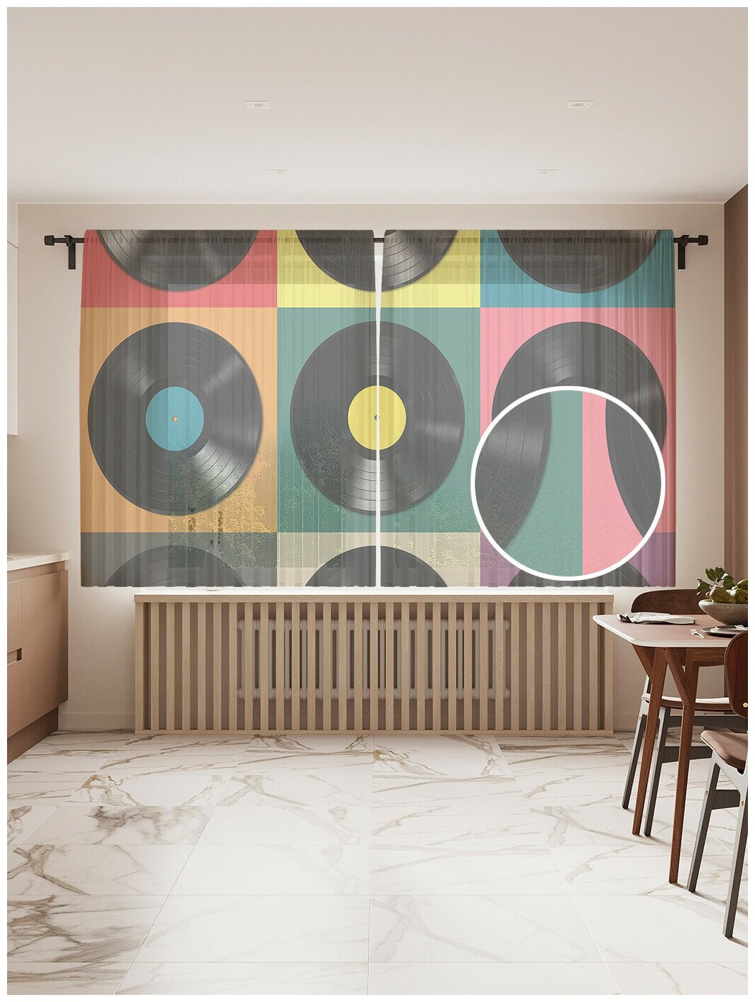 Тюль для кухни и спальни JoyArty "Виниловые пластинки", 2 полотна со шторной лентой шириной по 145 см, высота 180 см.