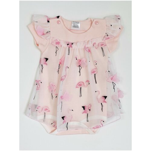 Нарядное боди-платье для девочки с коротким рукавом из хлопка и кружева, розовое, Фламинго 22 (68-74) 3-6 мес.