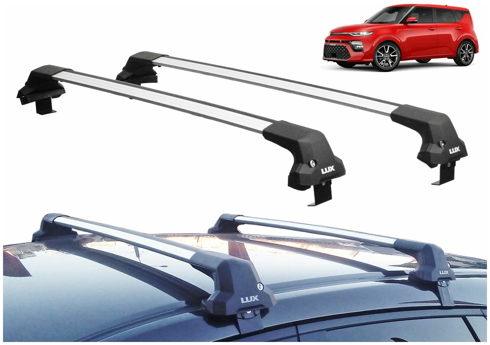 Багажник на крышу Киа Соул 3 2019-, без рейлингов (Kia Soul 3, hatchback), Lux City, серебристые дуги