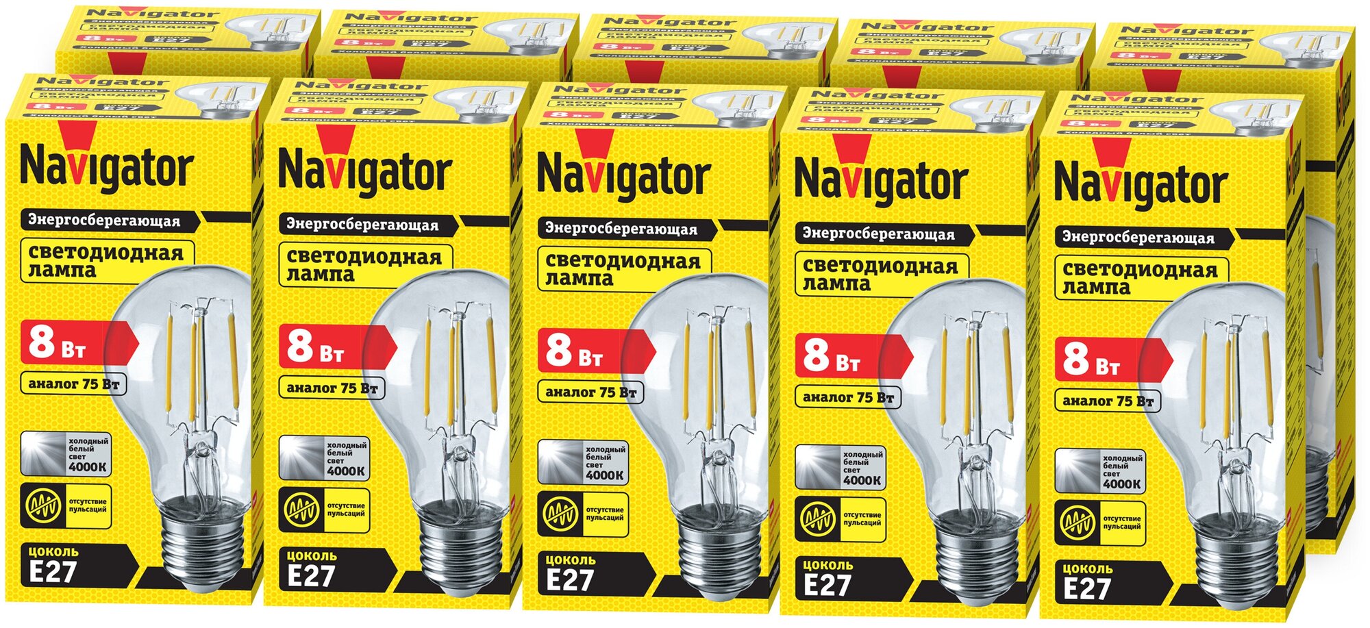Лампа Navigator 61 345 NLL-F-A60-8-230-4K-E27, 10 шт