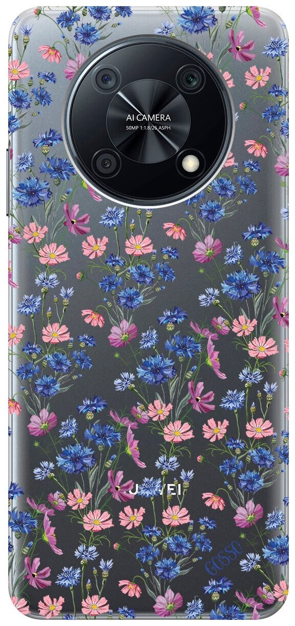 Силиконовый чехол на Huawei nova Y90 / Хуавей Нова У90 с 3D принтом "Lovely Cornflowers" прозрачный