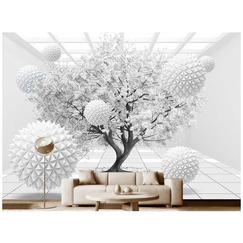 Фотообои на стену флизелиновые 3D Модный Дом Белое дерево и летающие шары 400x280 см (ШxВ)