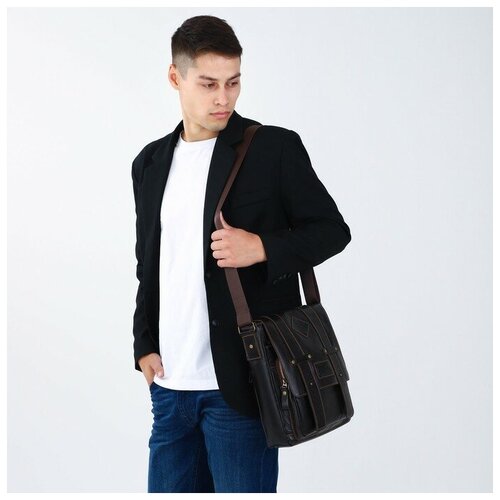 фото Планшет на молнии, 3 наружных кармана, длинный ремень, цвет тёмно-коричневый xl zolo