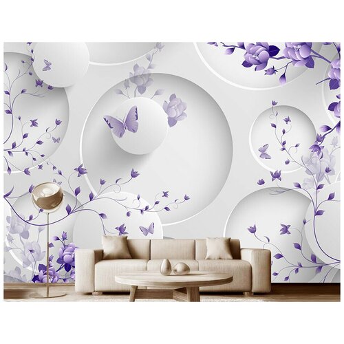 Фотообои на стену флизелиновые 3D Модный Дом Полет сиреневых бабочек 350x250 см (ШxВ)