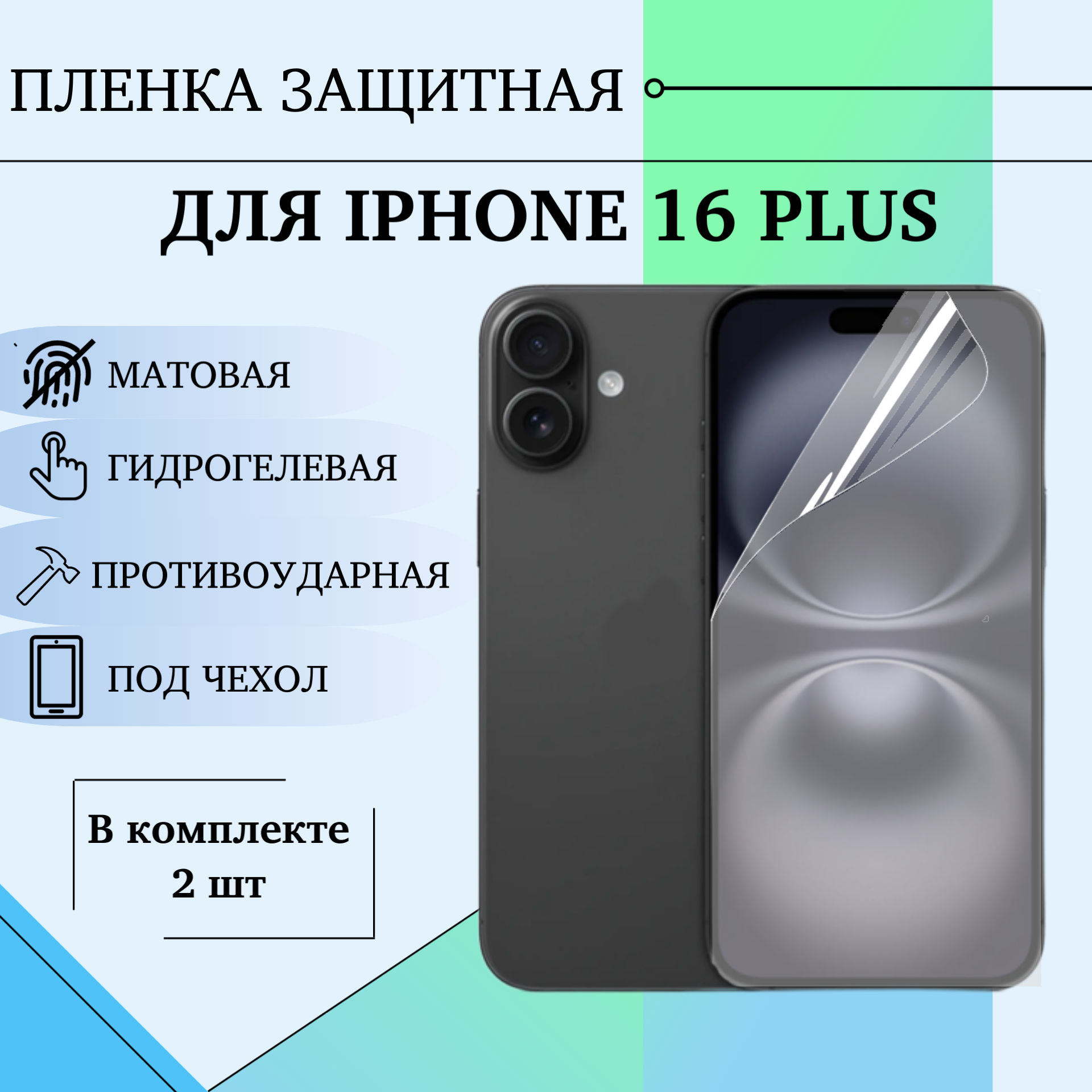 Гидрогелевая пленка для IPhone 16 plus защитная полиуретановая матовая под чехол 2шт