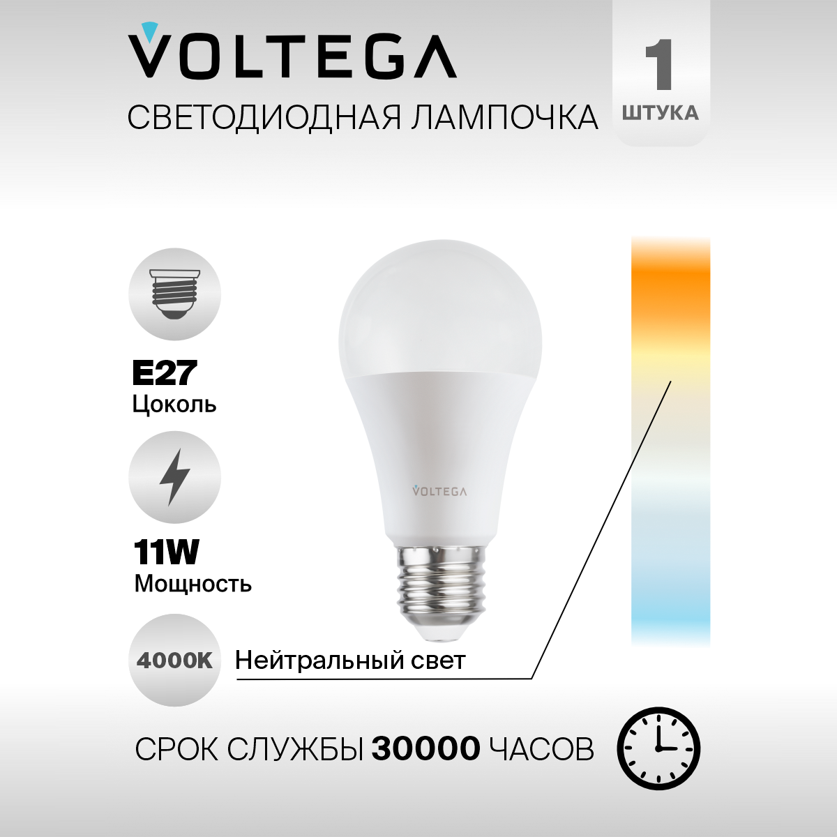 Лампочка светодиодная E27 форма груши 11W нейтральный свет Voltega Simple А60 4000K 1 штука