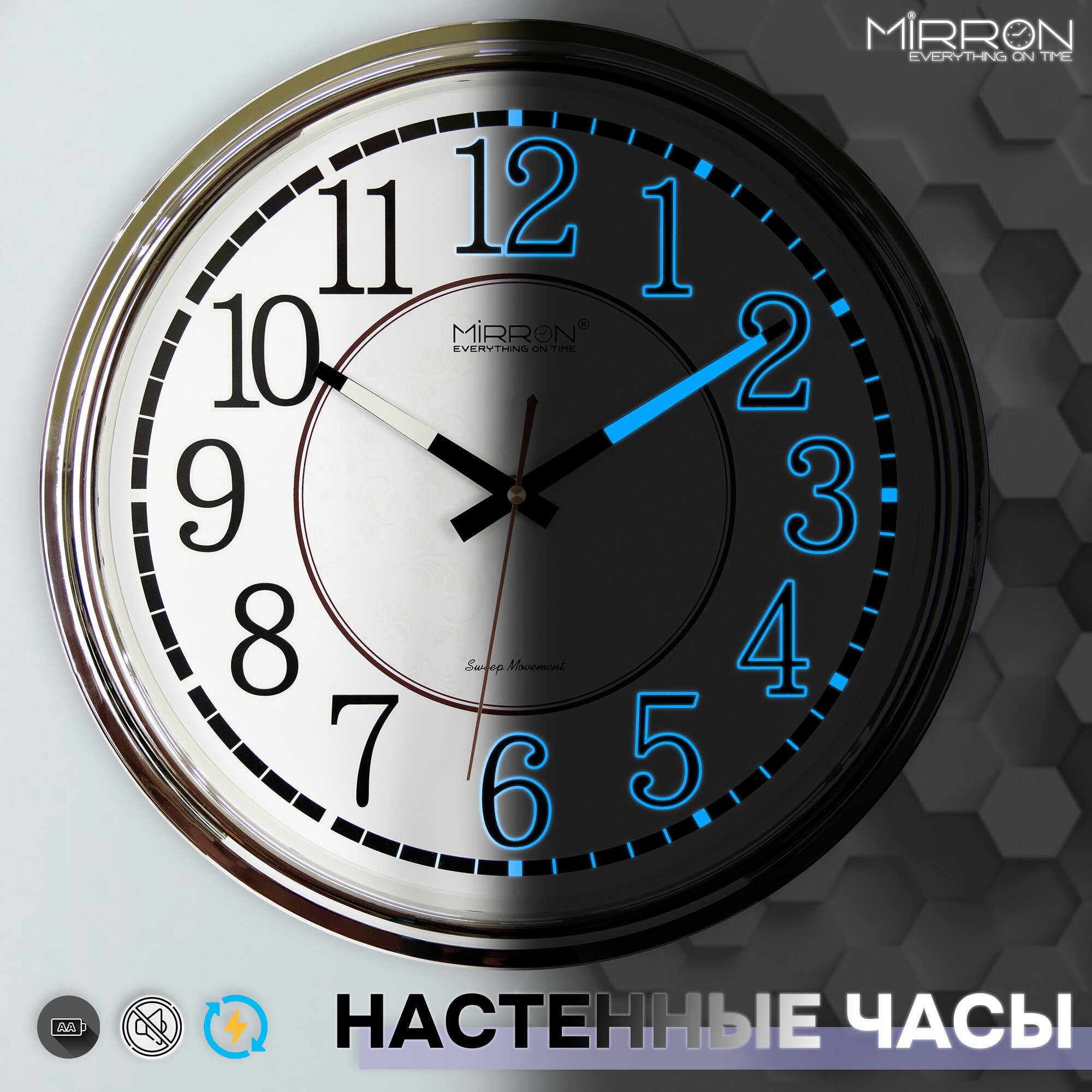 Большие круглые настенные кварцевые часы MIRRON M517AC СБ/Светящиеся цифры/36 см/Серебристый цвет ободка/Светлый циферблат/Бесшумный плавный механизм/Оригинальные часы