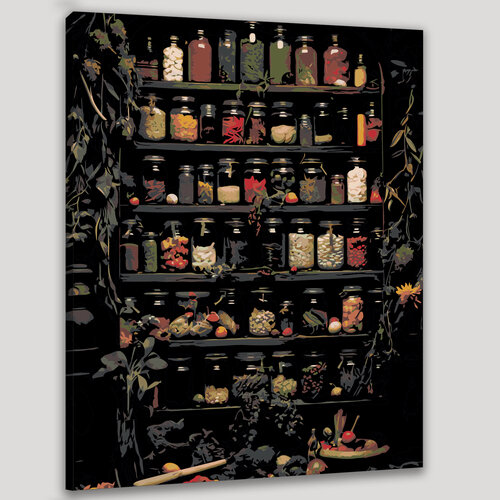Изображение товара Картина по номерам 40x50 см, ведьма, кладовая, фотография, разрешение, баночки, травы, сухоцветы, специи