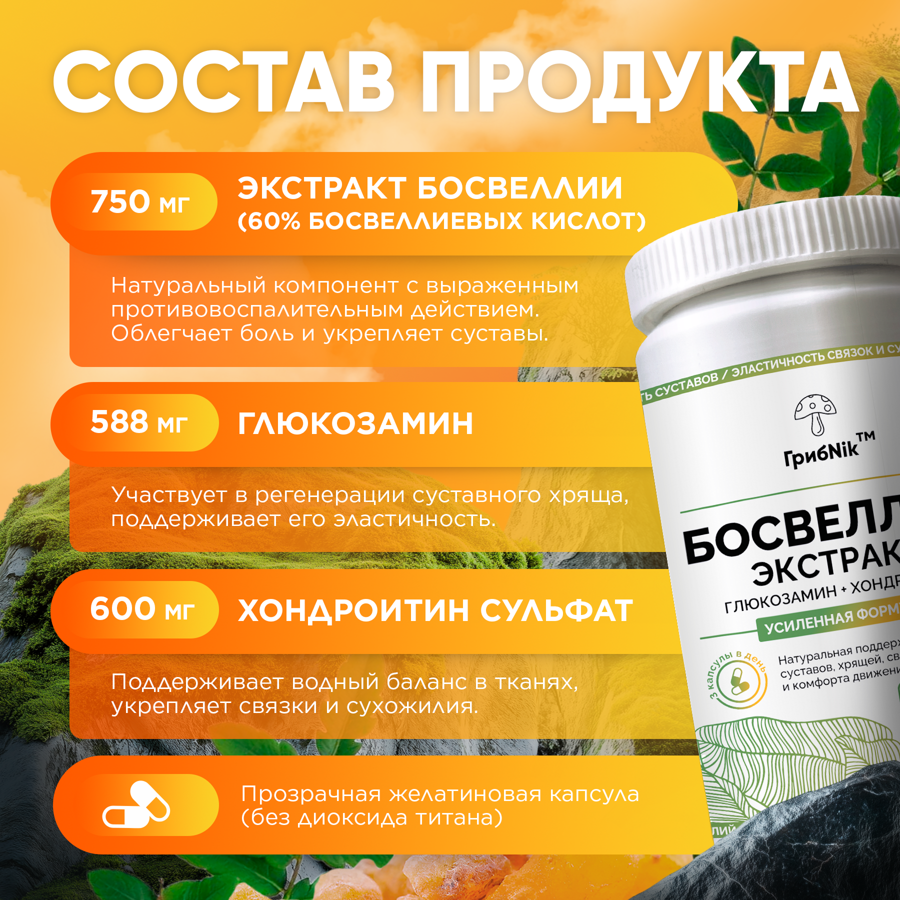 Бад Для Костей И Суставов Босвеллия экстракт 750 мг + хондроитин с глюкозамином для суставов, связок, мышц 90 капсул, ГрибNik