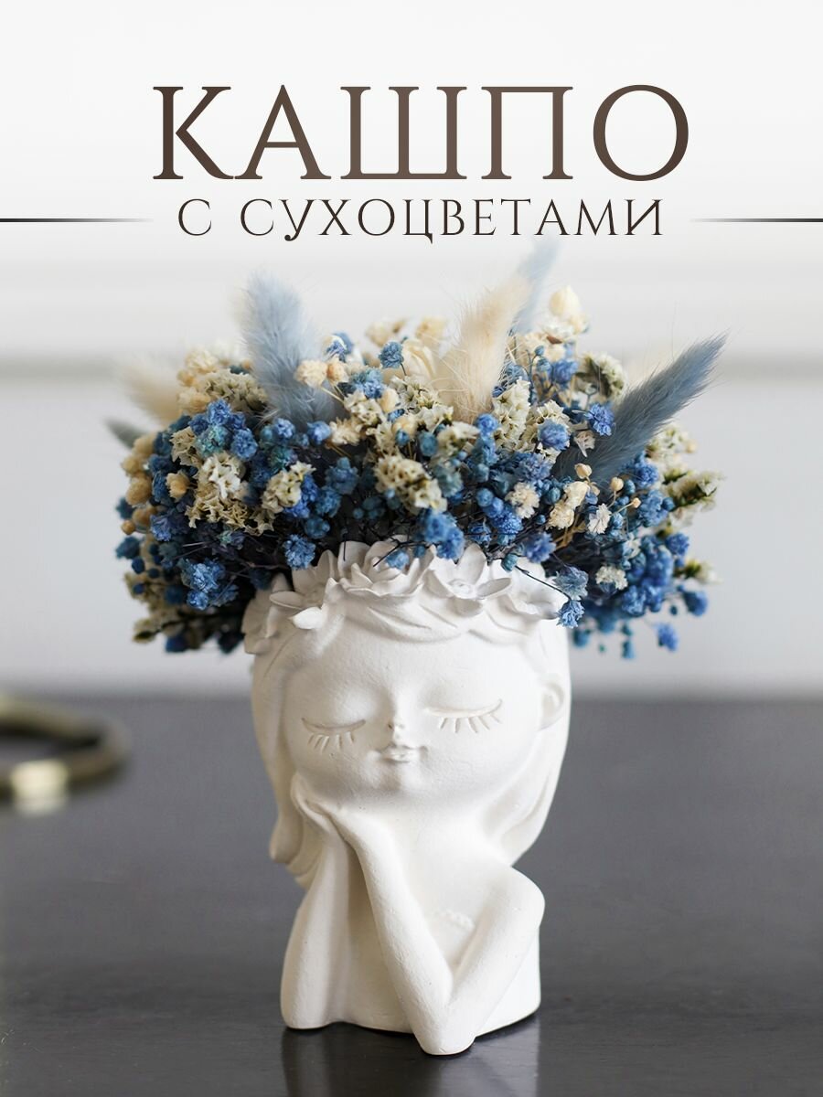 Интерьерная композиция из сухоцветов в гипсовом кашпо и стабилизированных цветов "Василек"