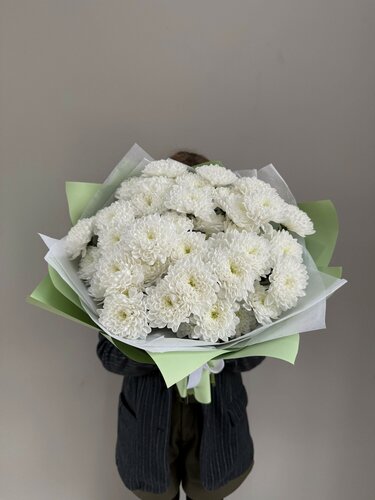 Изображение товара Букет из белых хризантем, Алтай, в матовой упаковке 9 веток