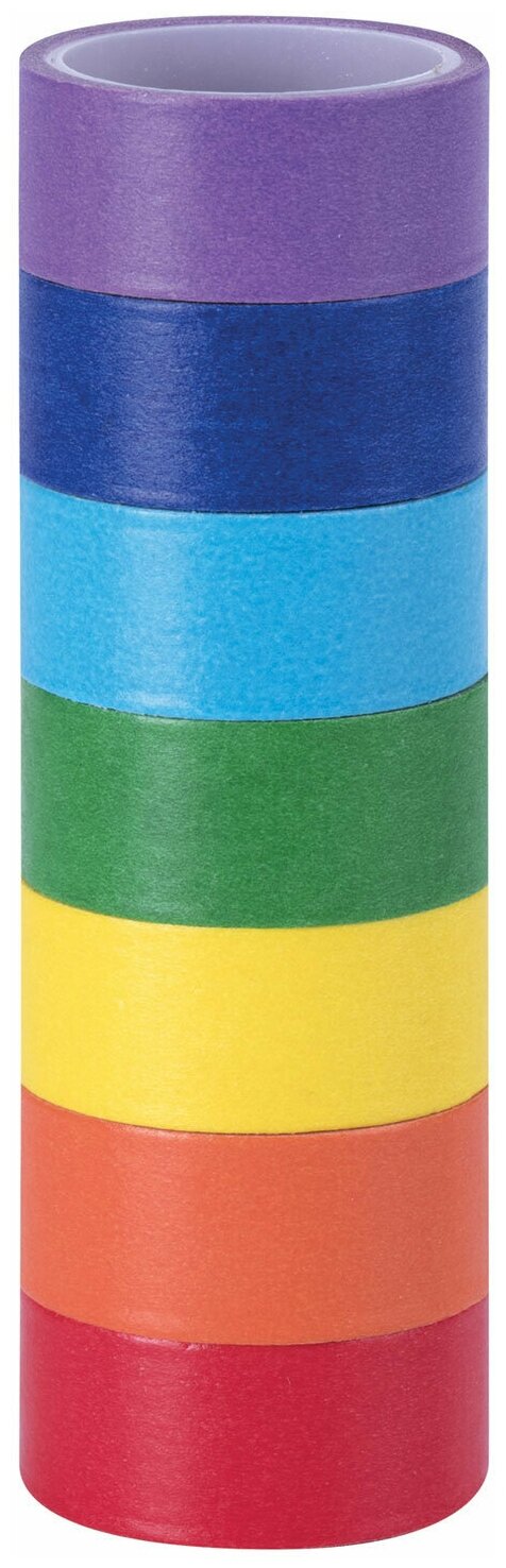 Клейкие WASHI-ленты для декора радужные, однотонные, 15 мм х 3 м, 7 цветов, рисовая бумага, остров сокровищ, 661702
