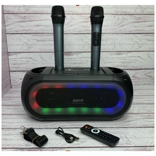 Колонка акустическая портативная ZQS4247 NEW /Караоке/ 2 беспроводных микрофона/ FM/Usb/ Aux/Led дисплей/Подсветка/Ремень для переноски
