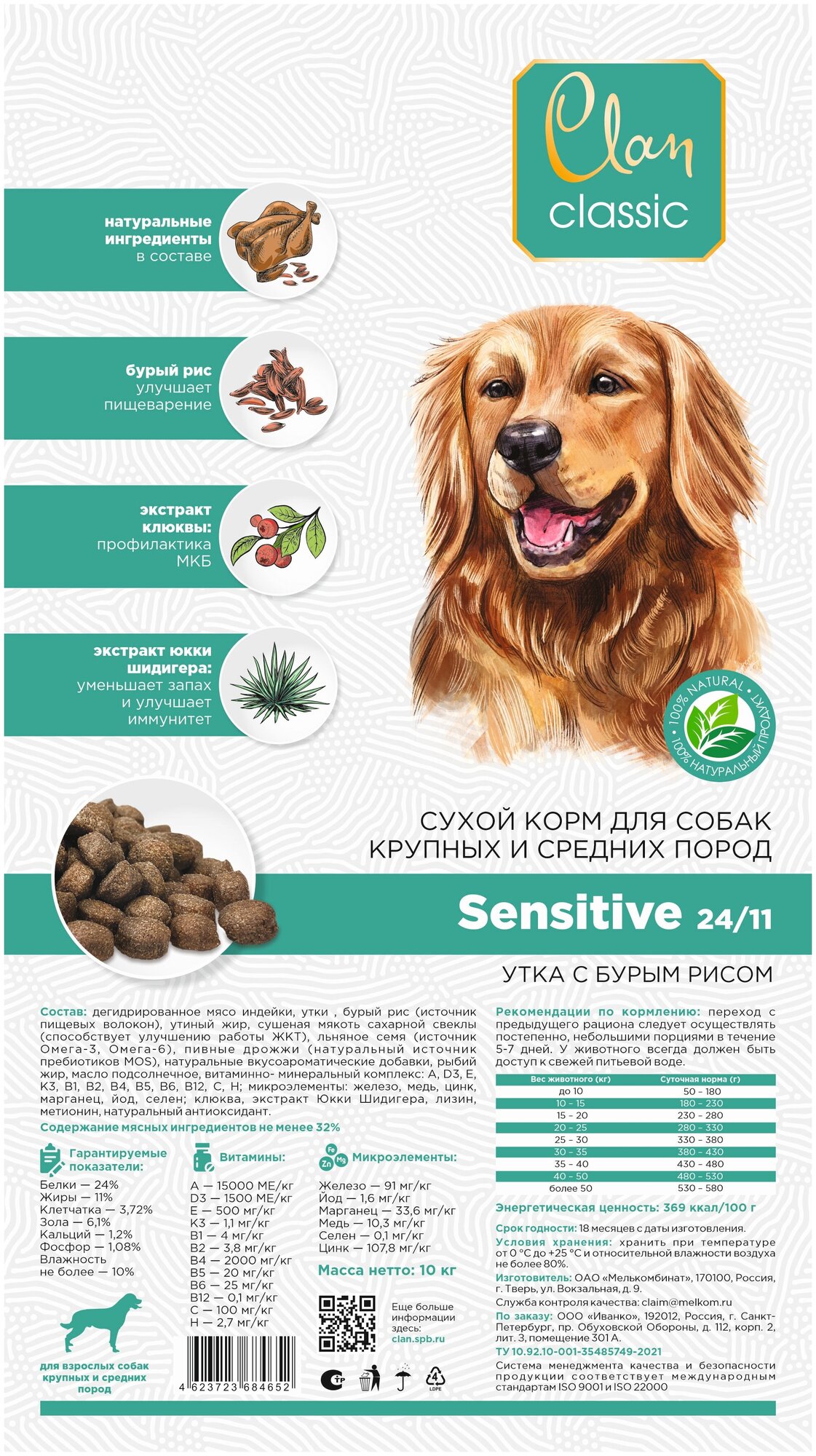 Сухой корм CLAN CLASSIC Sensitive-24/11 утка с бурым рисом для собак крупных и средних пород 10кг