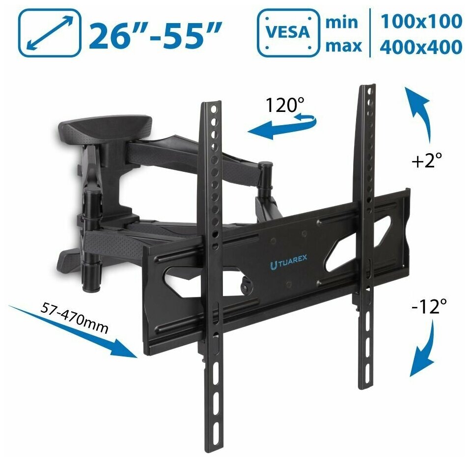 Кронштейн для телевизора настенный Tuarex ALTA-408 / до 55 дюймов / до 35 кг / vesa 400x400 / наклонно-поворотное крепление для тв / держатель для телевизора