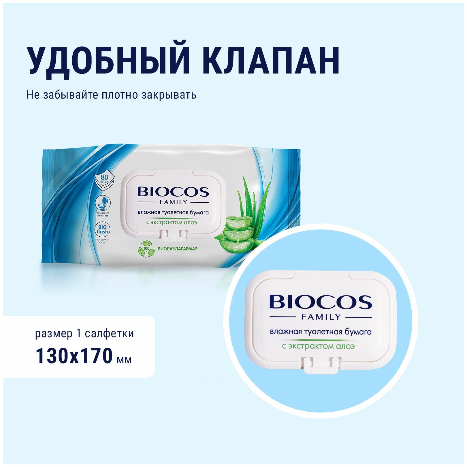 Влажная туалетная бумага Biocos Family с экстрактом алоэ, смываемая с клапаном для взрослых и детей, 80 шт