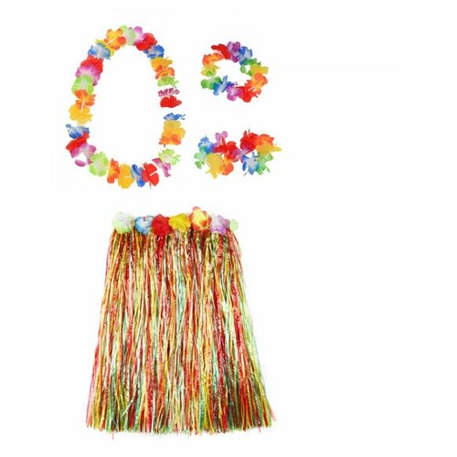 фото Гавайская юбка разноцветная 60 см, ожерелье лея 96 см, венок, 2 браслета (набор) happy pirate