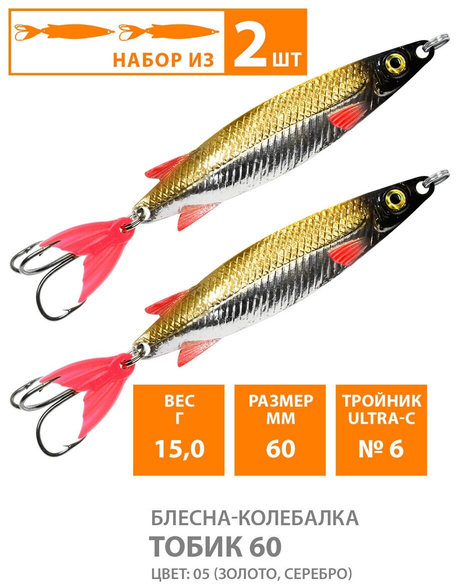 Блесна колебалка для рыбалки AQUA Тобик 60mm 15g цвет 05 2шт