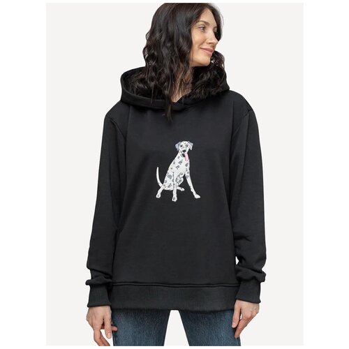 фото Толстовка женская и мужская черная унисекс с капюшоном худи оверсайз с принтом "далматин" хлопок 90%, эластан 10%, 48, 50 размер алекс и кэт