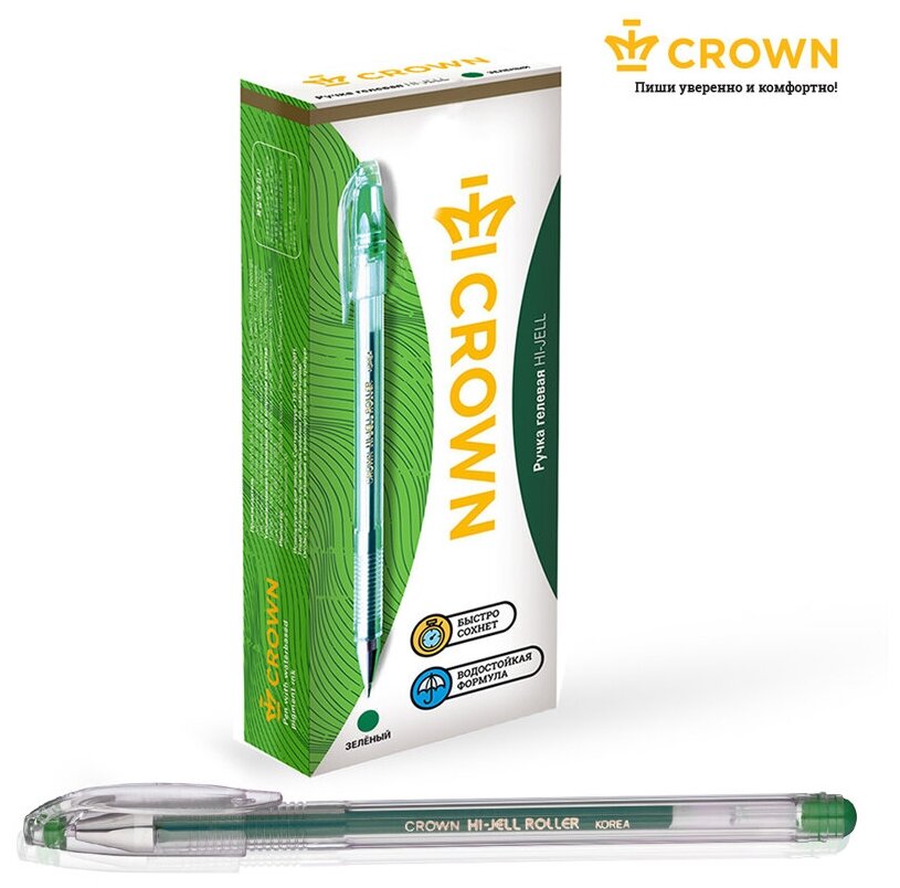 Ручка гелевая Crown "Hi-Jell" зеленая толщина пишущего узла 0,5 мм, толщина линии письма 0,35 мм, упаковка 12 шт.