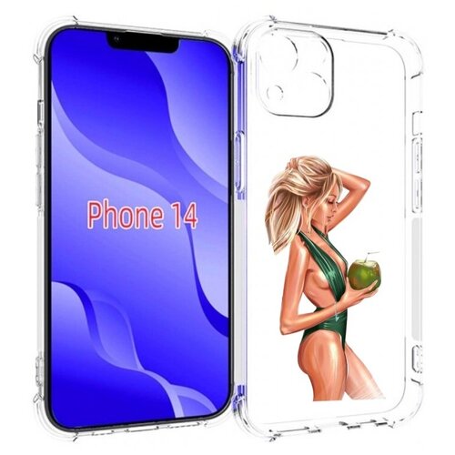 Чехол MyPads девушка-с-кокосом-в-зеленом-купальнике женский для iPhone 14 (6.1) задняя-панель-накладка-бампер