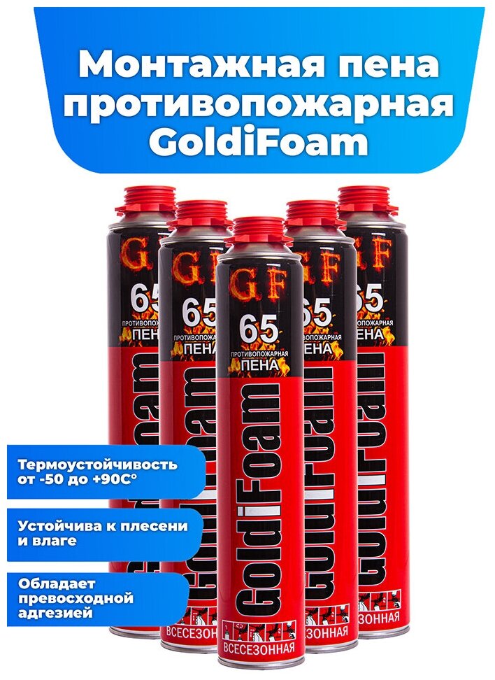 Монтажная противопожарная пена GoldiFoam 65, огнестойкая, универсальная, 1000 мл, 5 шт.