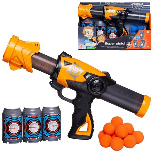 Бластер Junfa Пистолет c 12 мягкими шариками и 3 банками-мишенями, оранжевый №1 пистолет пиратский мушкет стреляет шариками в пакете