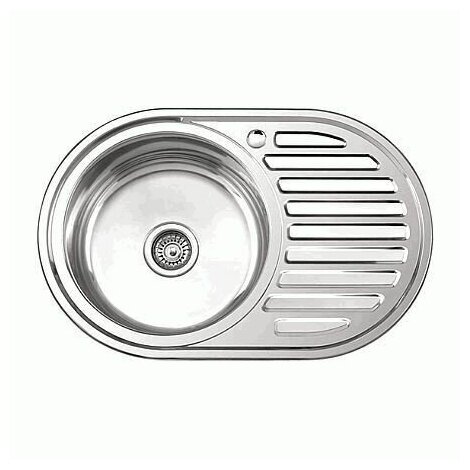 Мойка кухонная из нержавеющей стали, врезная овал 770x500x180 (0,8 мм), выпуск 3 1/2", левая чаша глянцевая