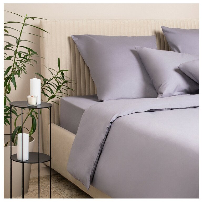 Комплект постельного белья евро с пододеяльником на молнии, 4 наволочки Моноспейс, сатин (хлопок 100%), темно-серый, Ecotex - фотография № 2