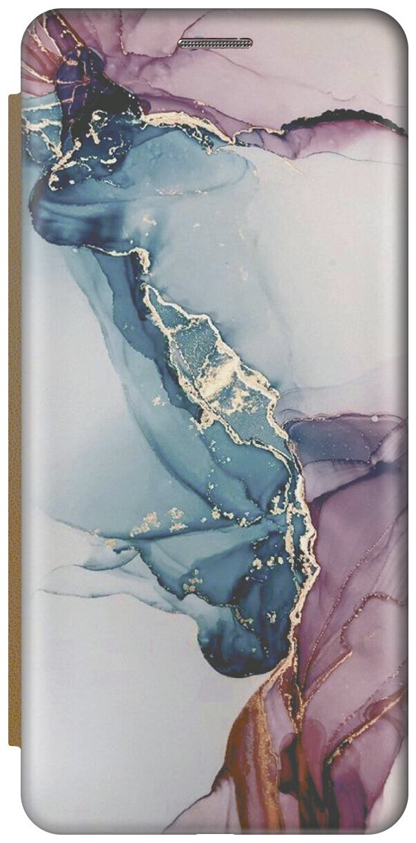 Чехол-книжка на Apple iPhone XS Max / Эпл Айфон Икс Эс Макс с рисунком "Сине-розовый мрамор" золотой