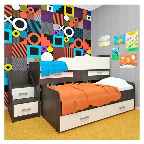Кровать детская Лёсики двухъярусная с лесенкой, ящиками, столиками 700х1700 мм и 700х1800 мм Дуб молочный - Дуб венге