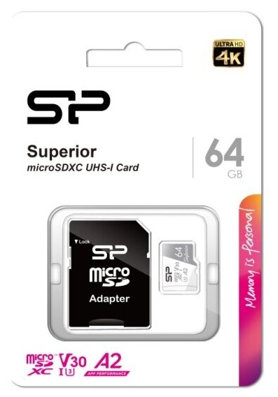 Карта памяти Silicon Power micro SDXC 64Gb Superior UHS-I U3 V30 A2 + ADP (100/80 Mb/s)