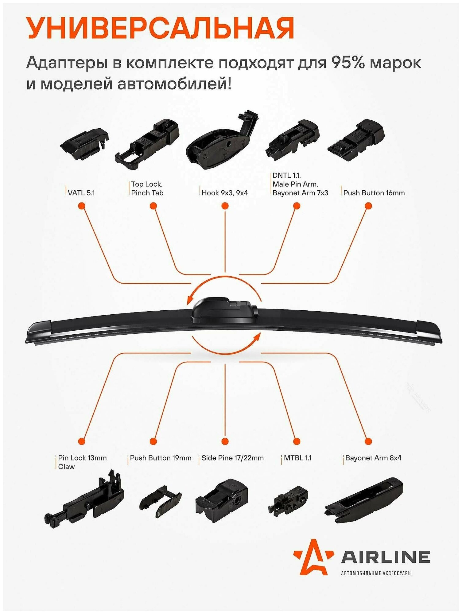 Щетка стеклоочистителя 360 мм (14") бескаркасная, 10 адаптеров (AWB-BK-360)