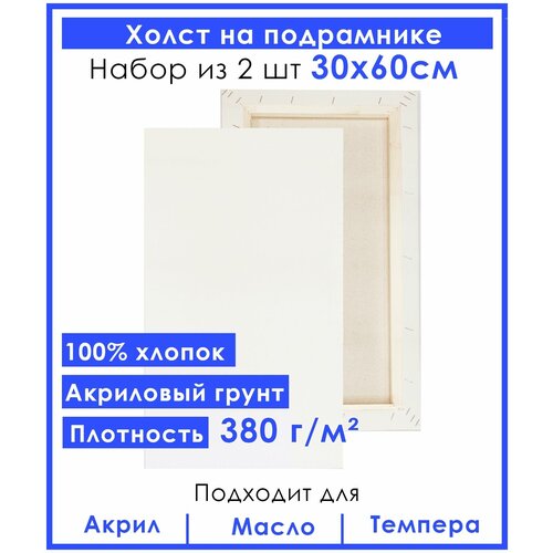 Холст грунтованный на подрамнике 30х60 см, двунитка хлопок 100%, 380 гр. кв. м,2 шт. холст грунтованный на подрамнике 70х70 см двунитка хлопок 100% 380 гр кв м 2 шт