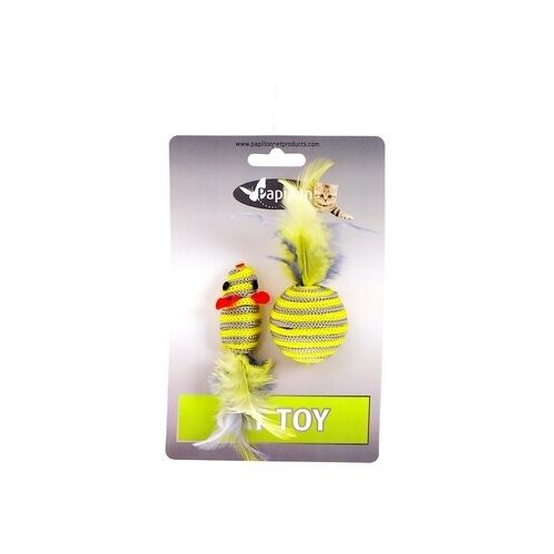 Papillon игрушка мышка и мячик с перьями 5+4см серо-желтые (cat toy mouse 5 cm and ball 4 cm with feather on card) 240067, 0,016 кг, 20490