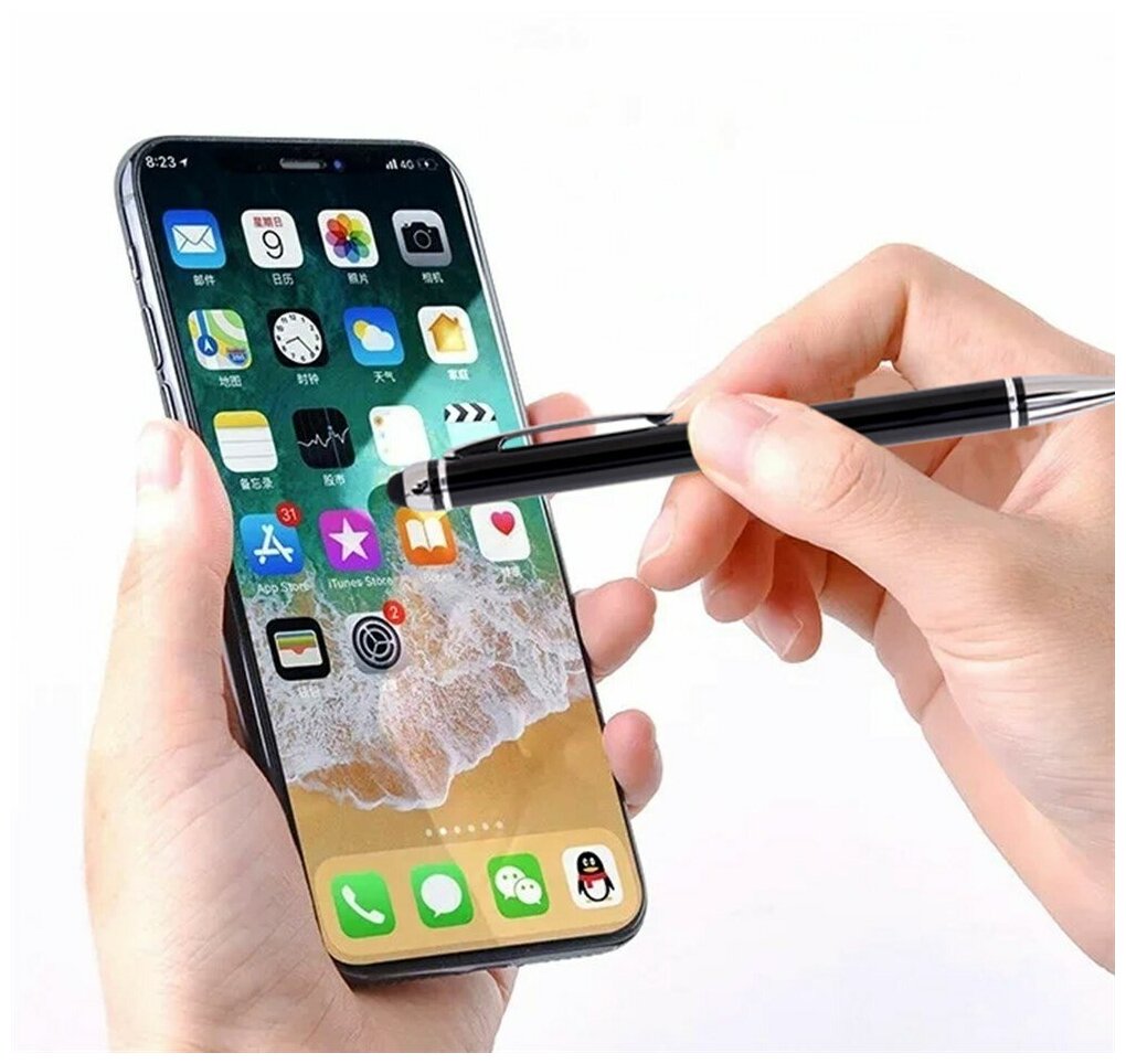 Ручка - стилус SONNEN для смартфонов/планшетов, синяя, корпус черный, серебристые детали, линия письма 1 мм, 2 шт.