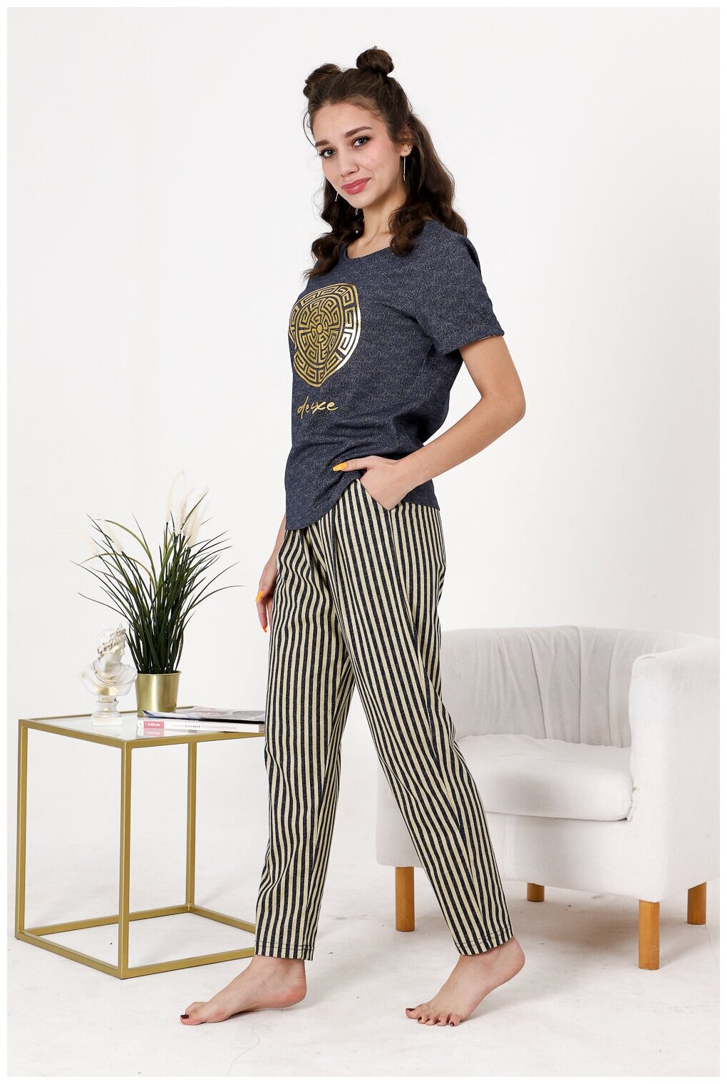 Женский домашний костюм (футболка+ брюки) в цвете джинс, размер 44 - фотография № 9