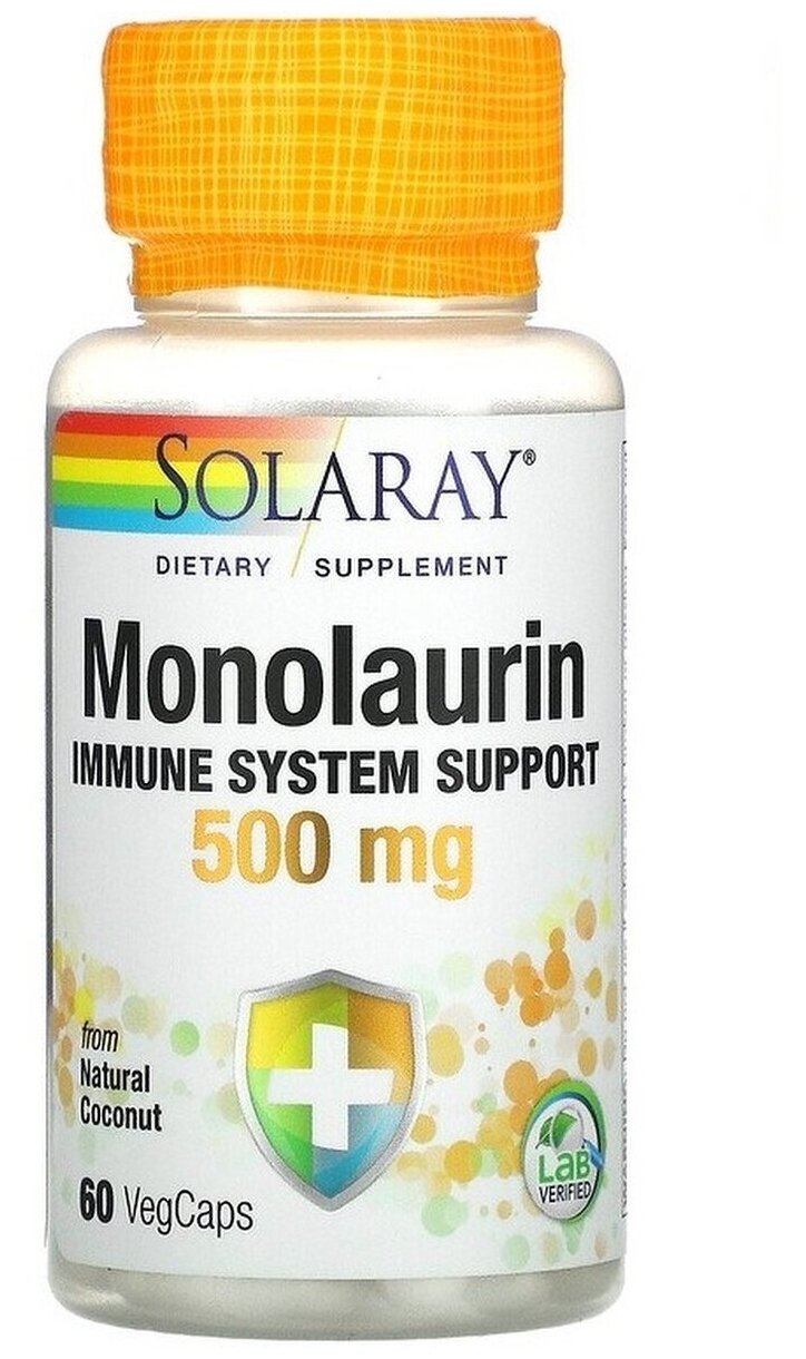 Solaray Monolaurin, Immune System Support 500 mg 60 vcaps Соларай Монолаурин 500 мг 60 веганских капсул — фото 1