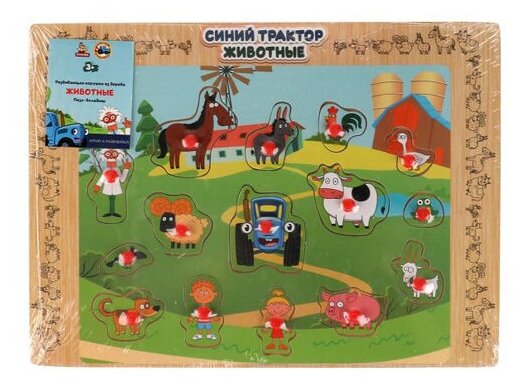 Игрушка деревянная Синий трактор вкладыш животные 30*20 Буратино / развивающие игрушки