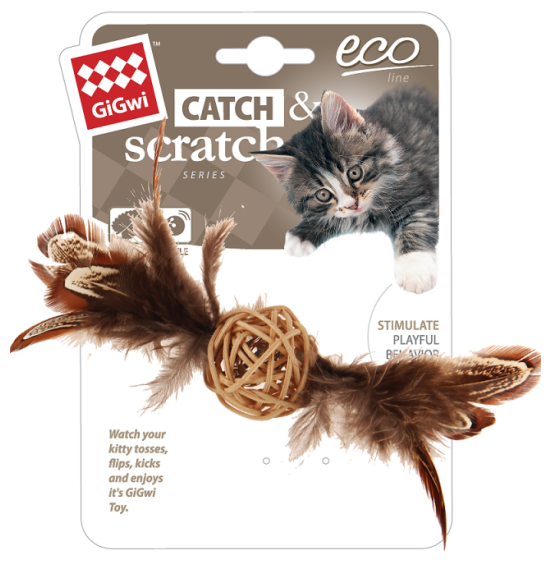 Игрушка для кошек Gigwi Плетеный мячик с колокольчиком и перьями 13см, серия CATCH & SCRATCH ECO